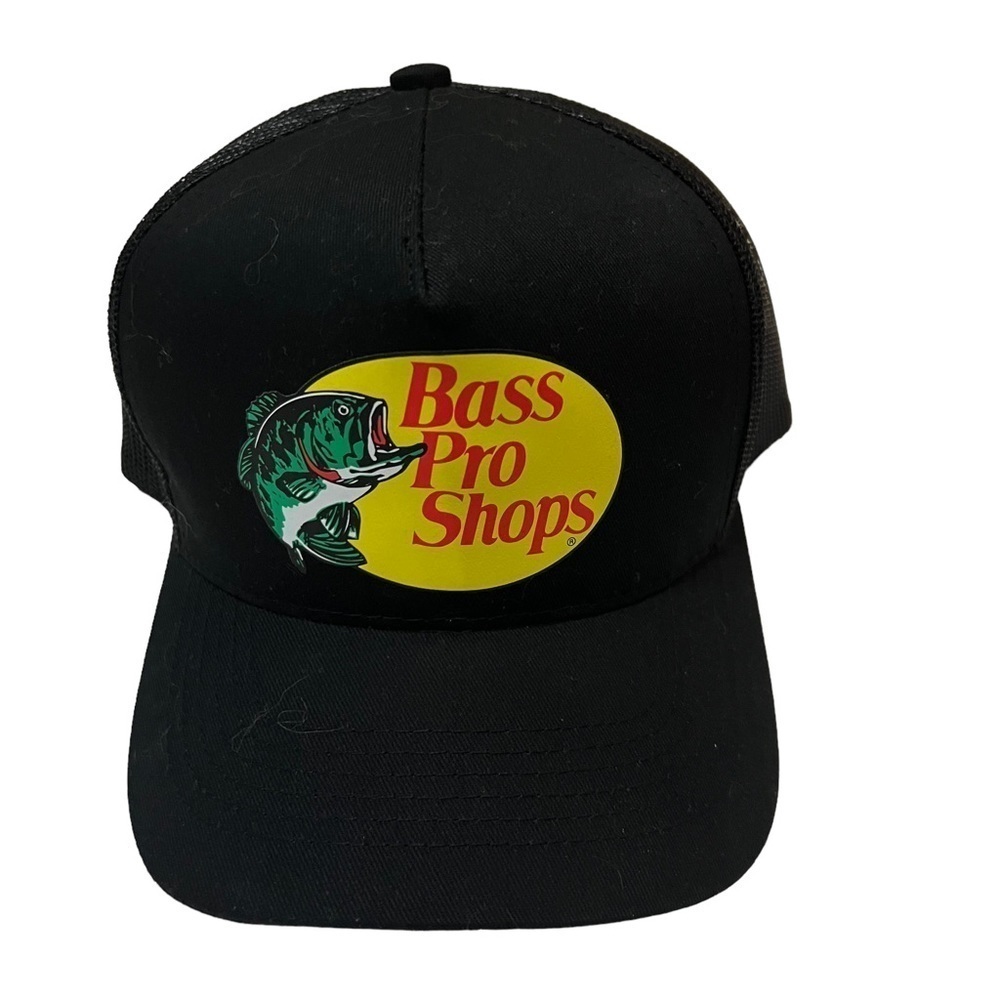 BASS PRO SHOPS BLACK TRUCKER MESH HAT LIKE NEW; PREOWNED NOT WORN SNAPBACK